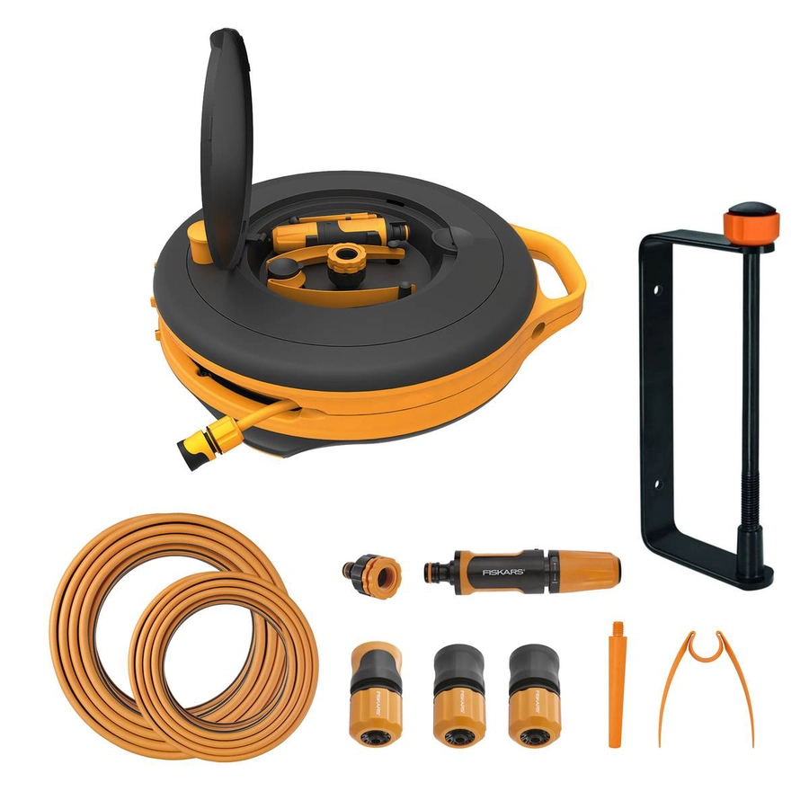Fiskars Waterwheel S mit Wandhalterung, Bewässerungs-Set mit 15 m Gartenschlauch Ø 9 mm, Schlauchbox